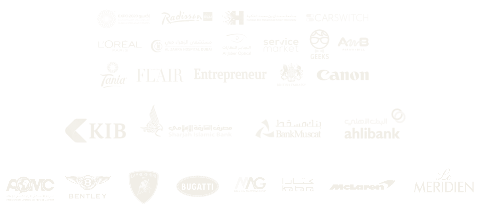 Client logos: Expo 2020 Dubai, Radisson Blu, L'Oréal, Canon, British Embassy, KIB, Sharjah Islamic Bank, BankMuscat, ahlibank, AOMC, Bentley, Lamborghini, Bugatti, Katara, McLaren, Le Méridien and more