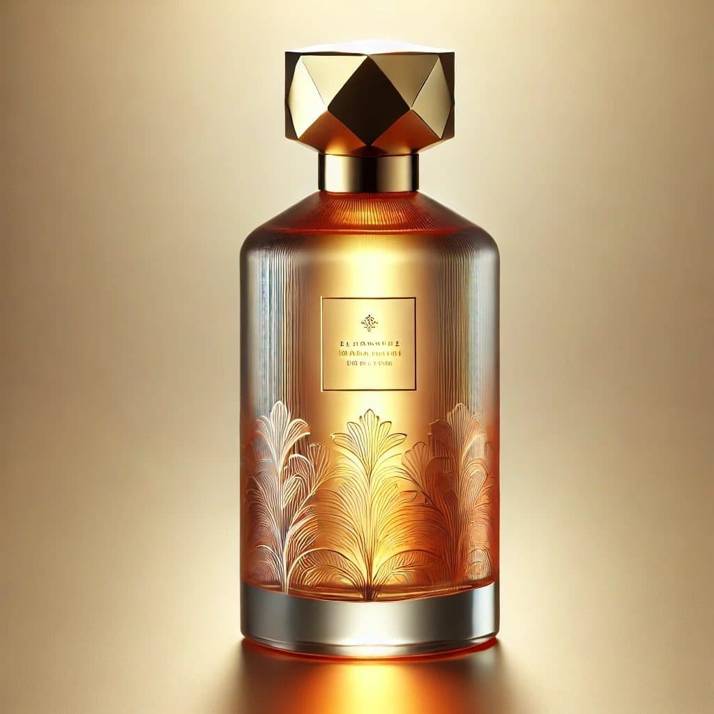 An amber bottle with a gold faceted cap