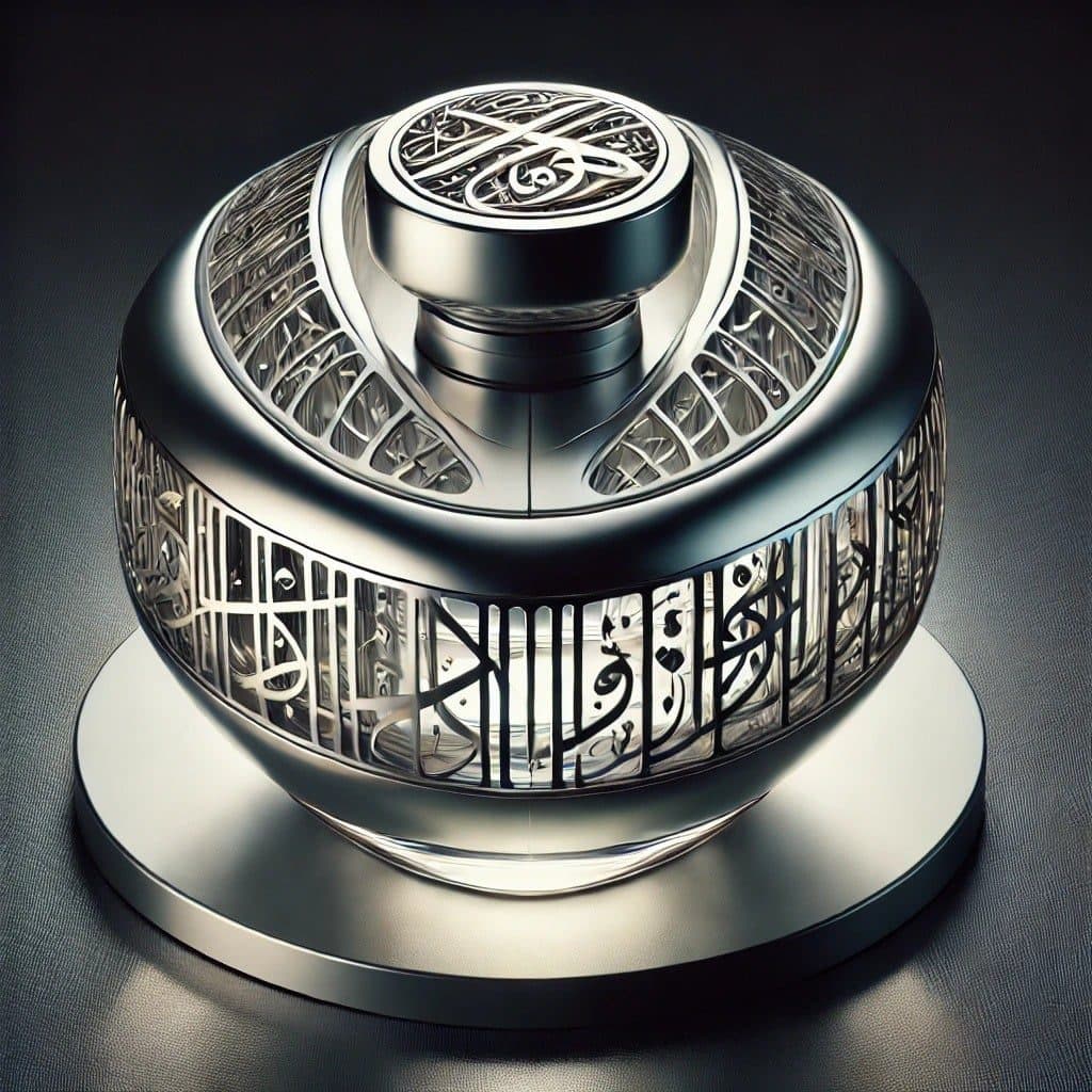A silver bottle engraved with Arabic calligraphy