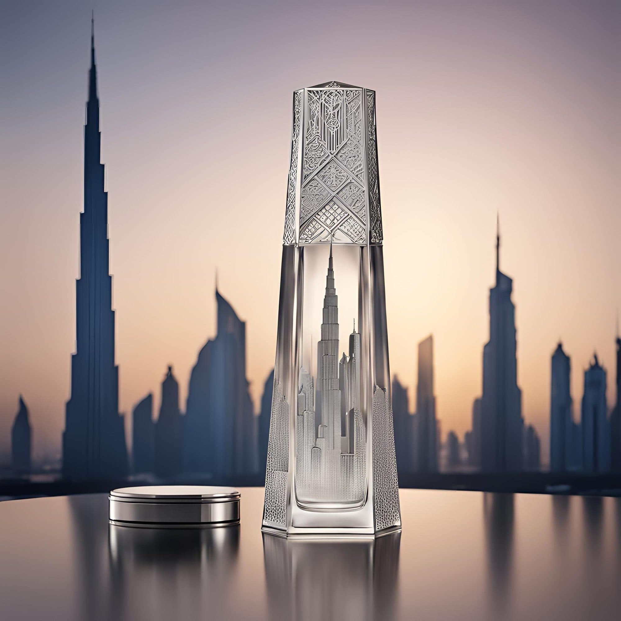 A crystal bottle shaped like the Dubai skyline