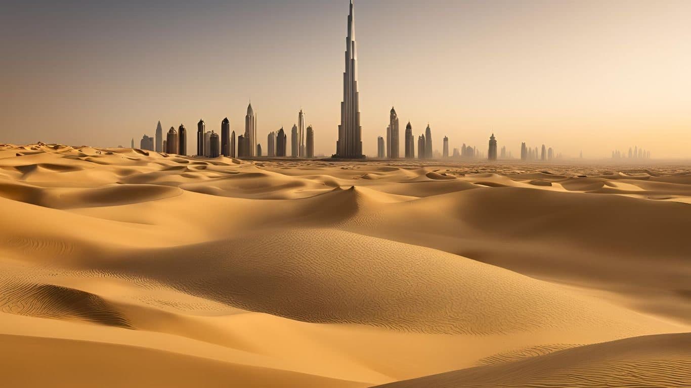 The Dubai skyline rising beyond the dunes