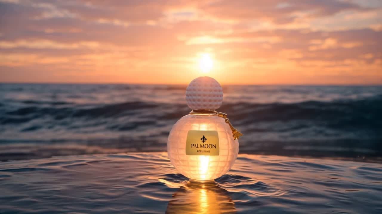 A perfume bottle on the sea at sunset