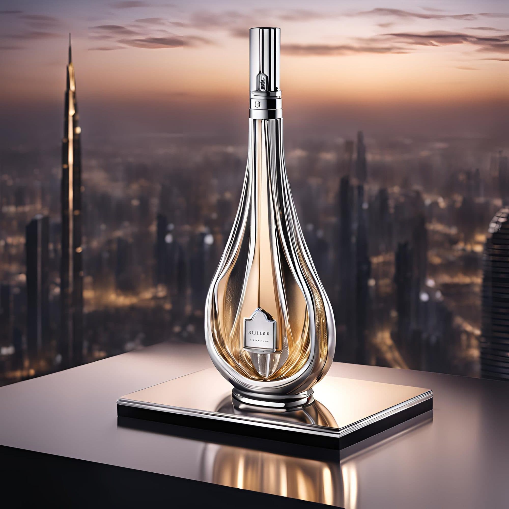A glass bottle on a plinth above the Dubai skyline at dusk