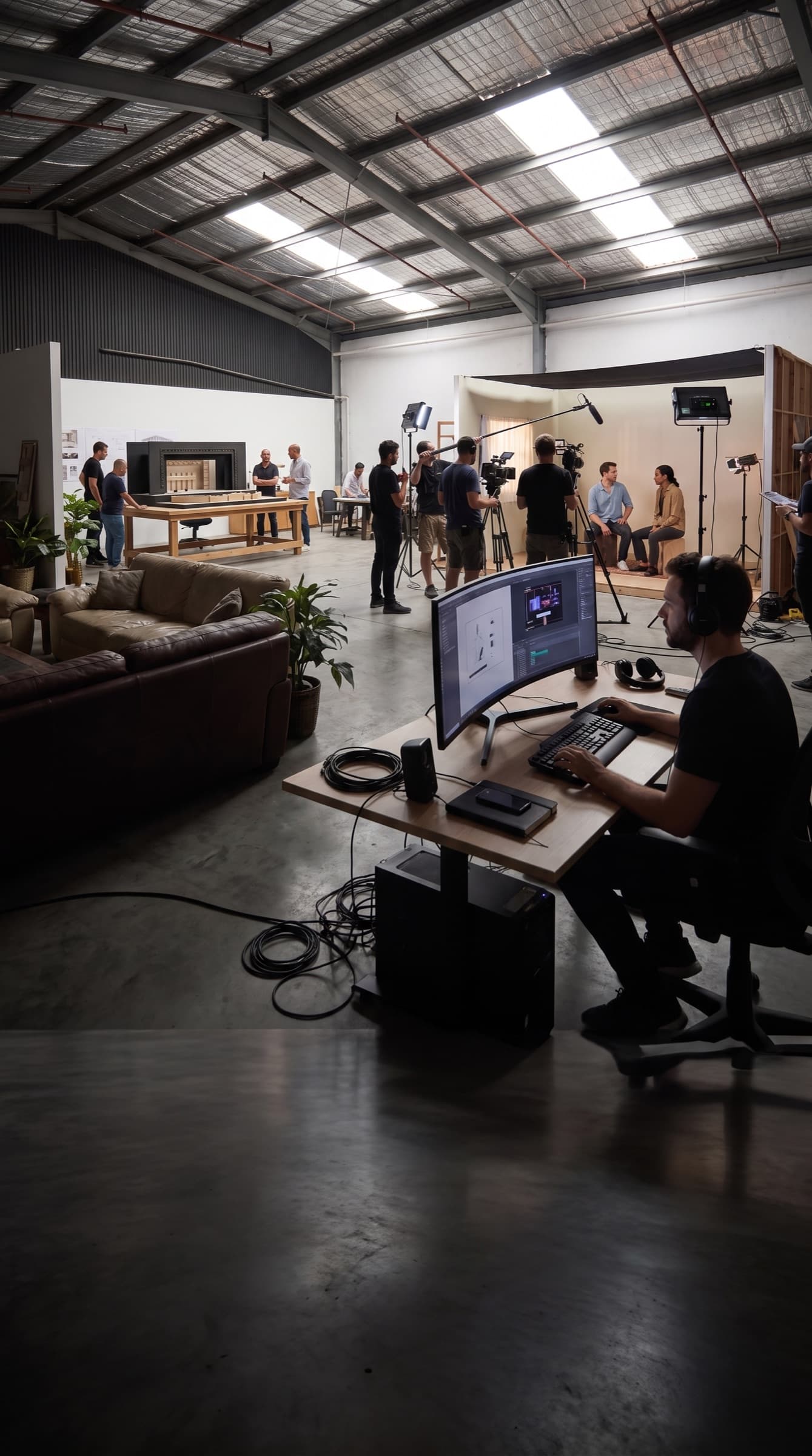 Designers, a film crew and producers at work across one studio