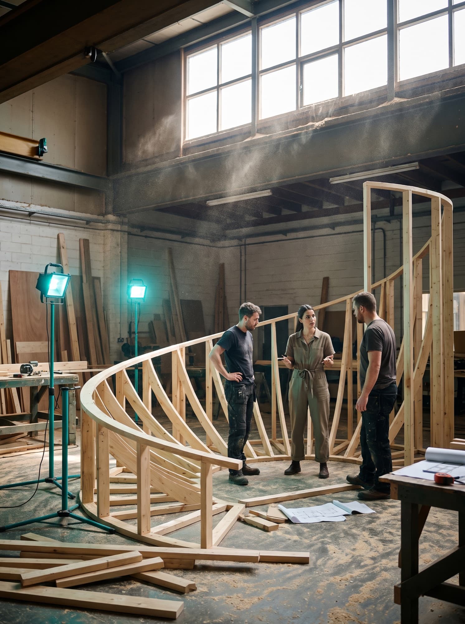 Carpenters and a designer building a curved stage set in a studio