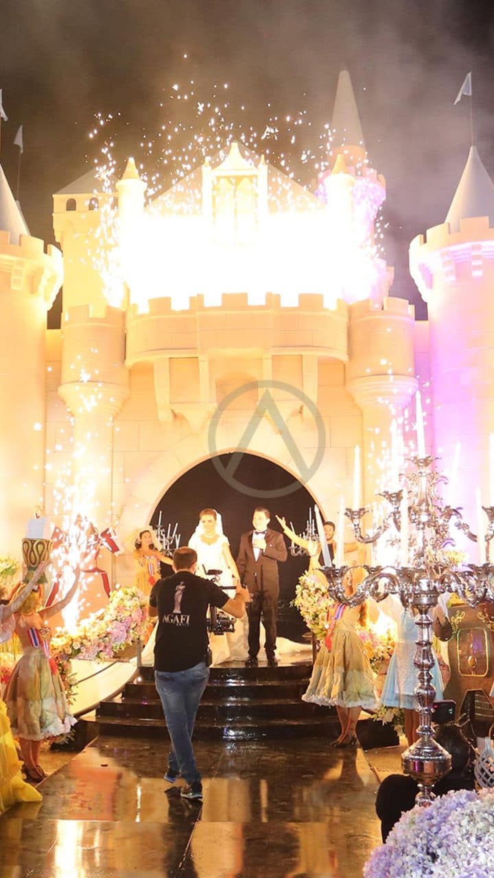 Sparklers and fireworks over the castle built for the wedding