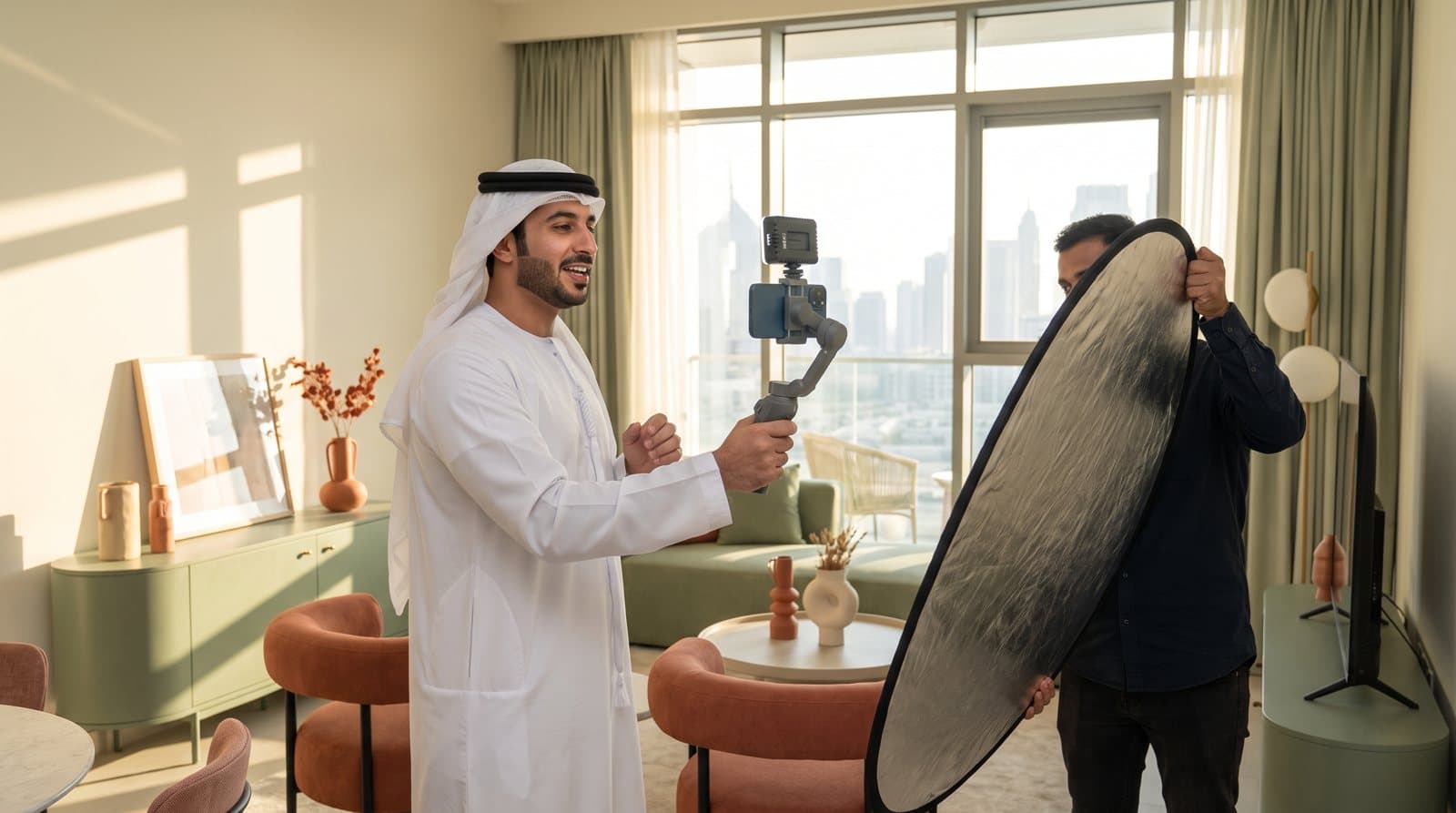 A creator filming a reel inside a show apartment