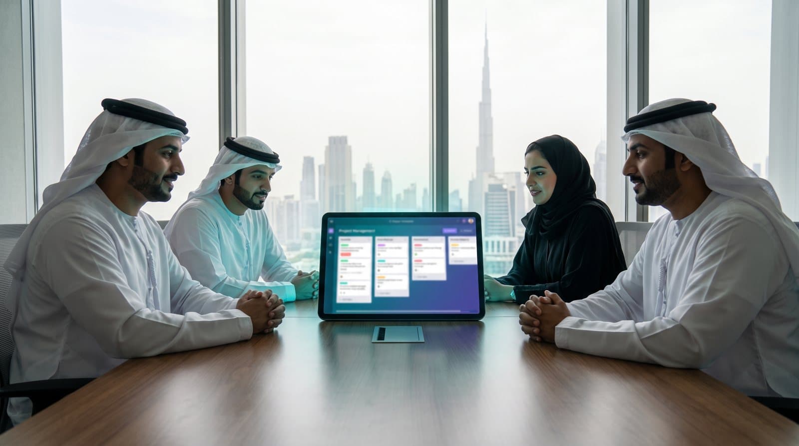 A sales team around a pipeline board