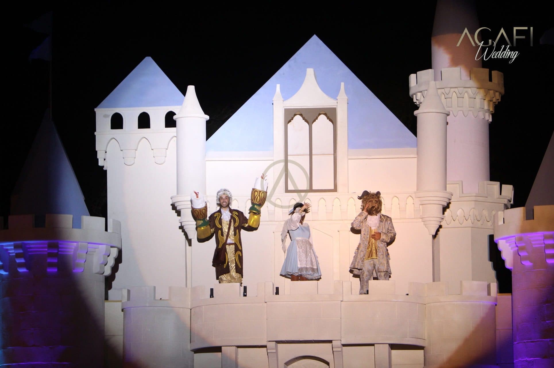 Performers in costume on the castle stage