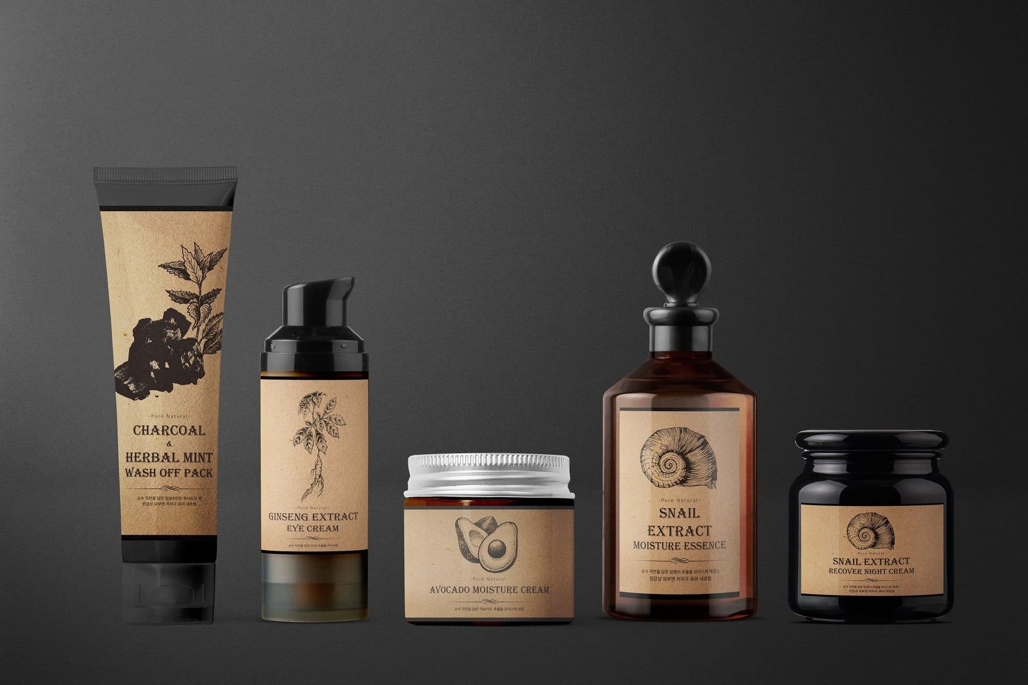 A line of skincare tubes and jars with botanical labels