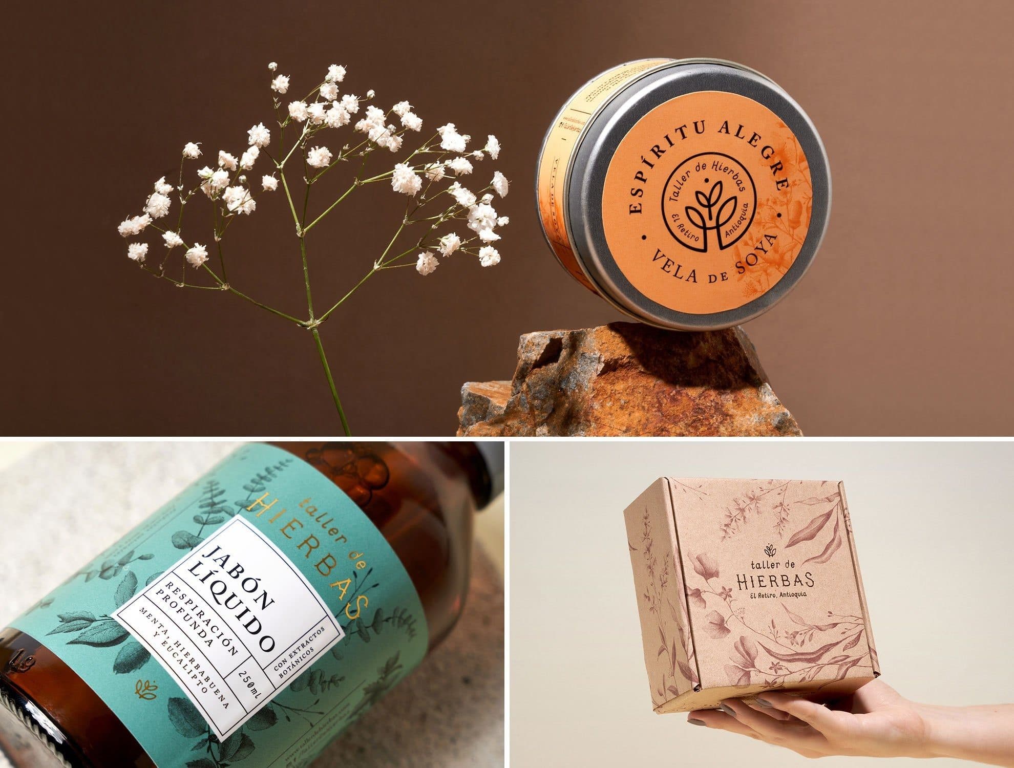 Candles, soap and a gift box with matching labels