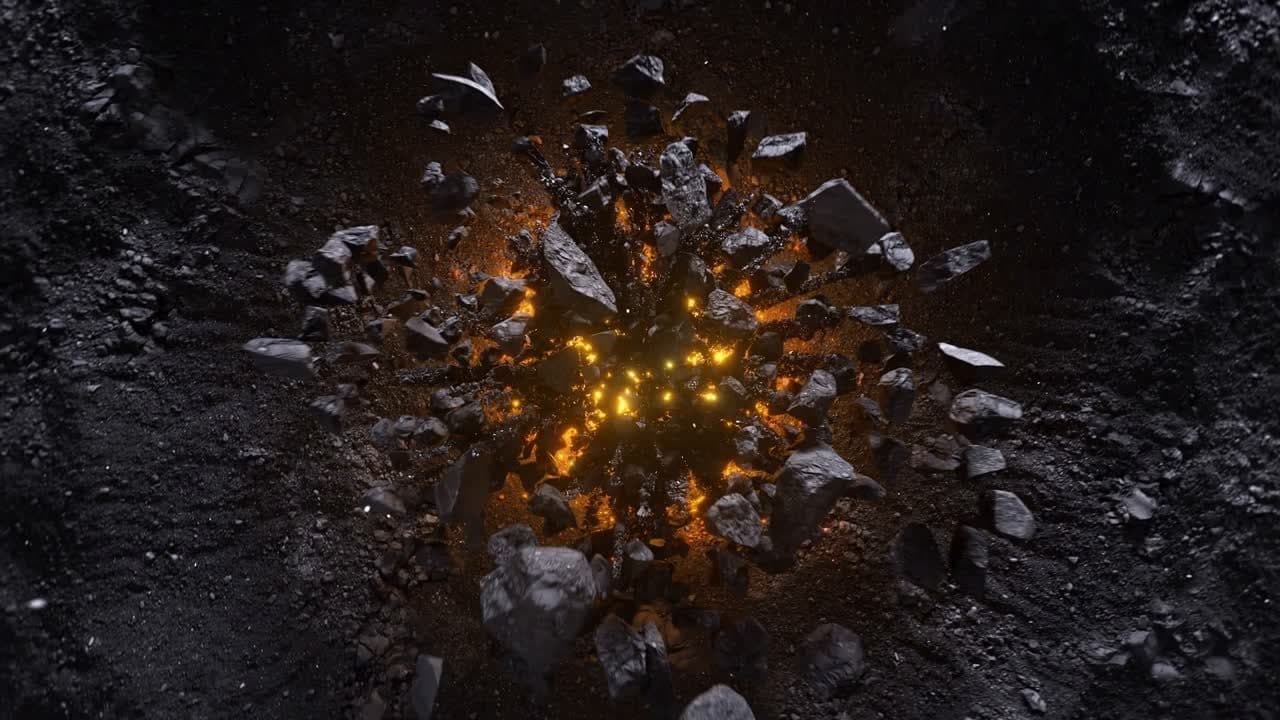 Black rock breaking open over glowing embers