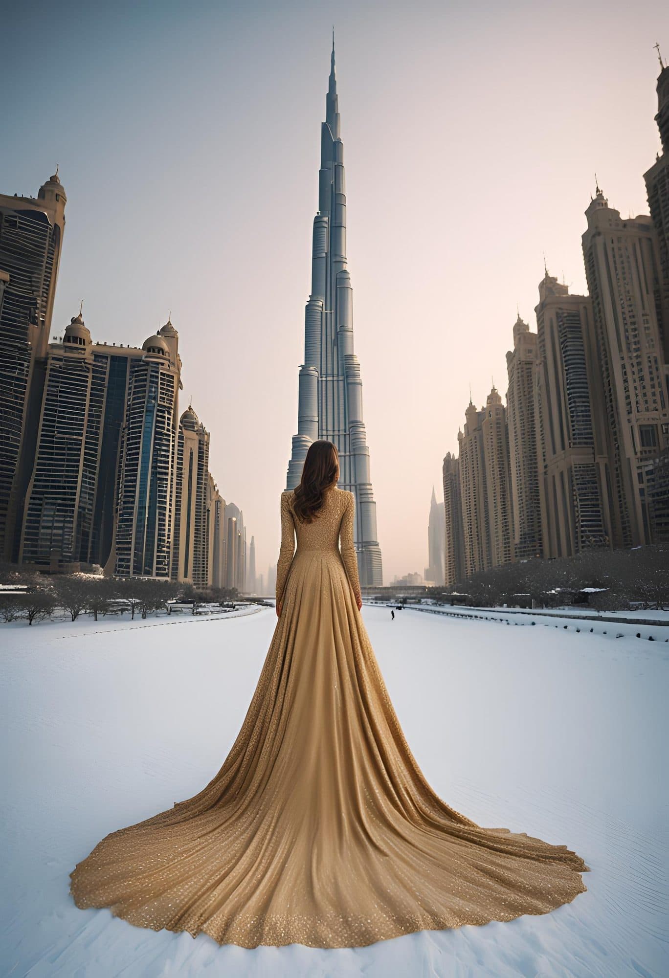 A woman in a golden gown standing in a Dubai street