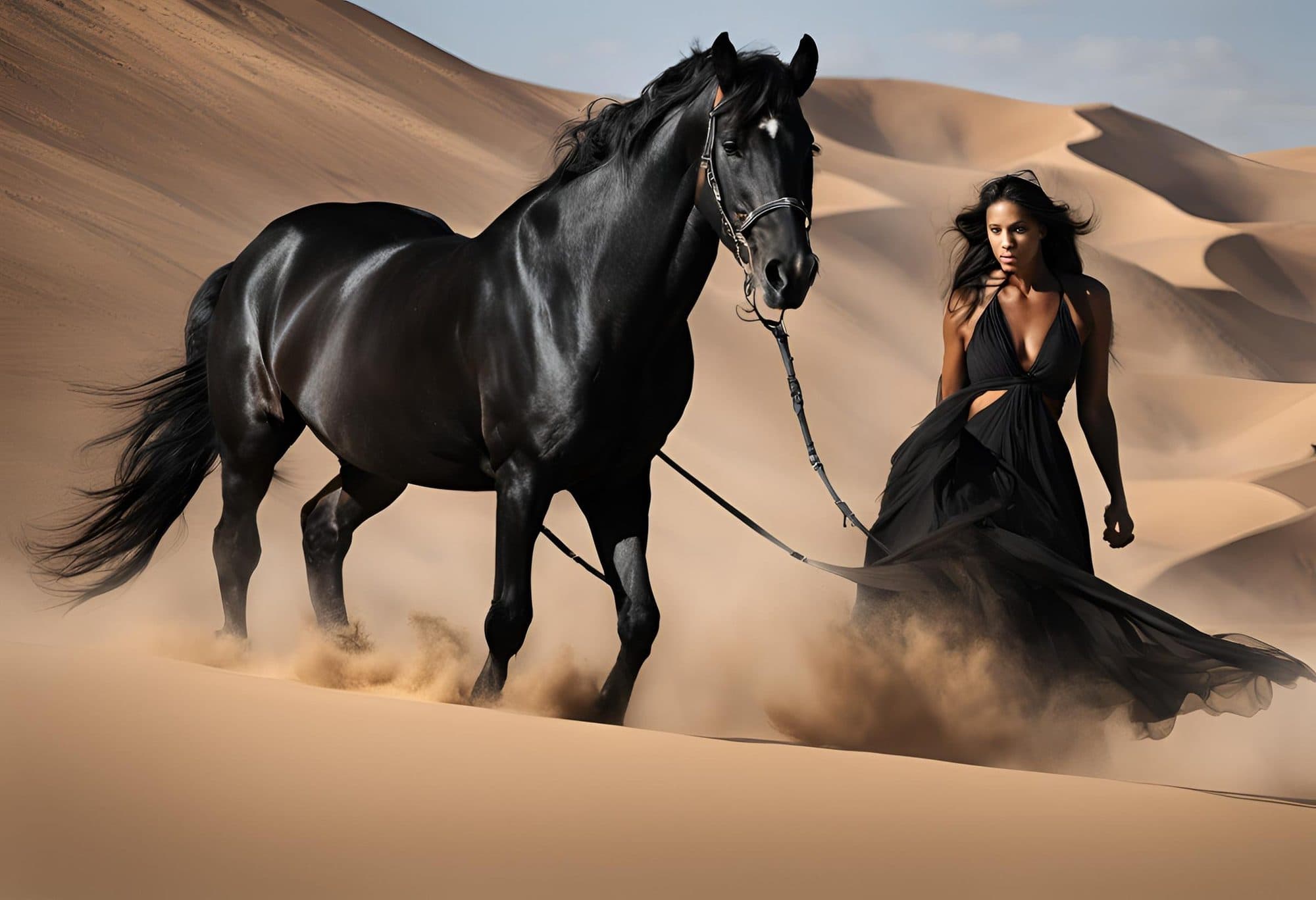 A woman in black leading a black horse across the dunes
