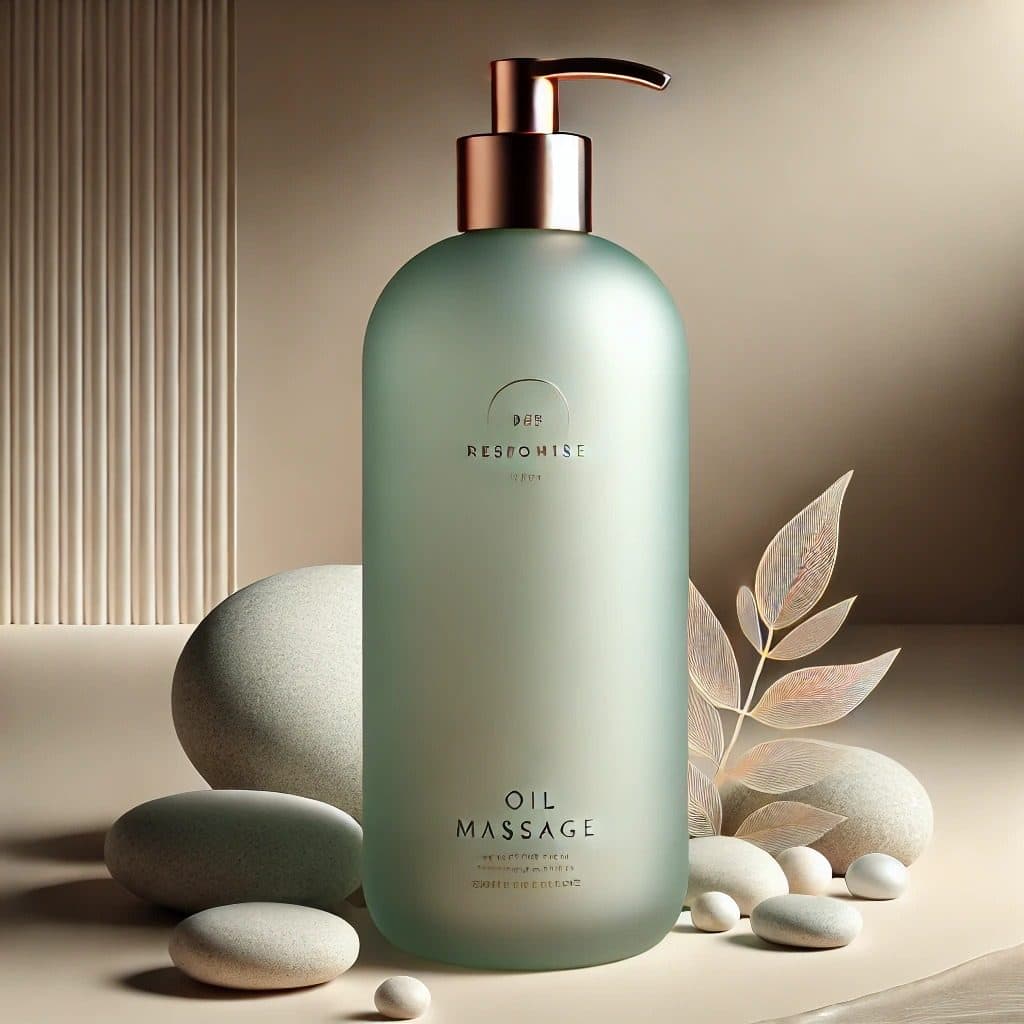 A sage green massage oil bottle on smooth stones