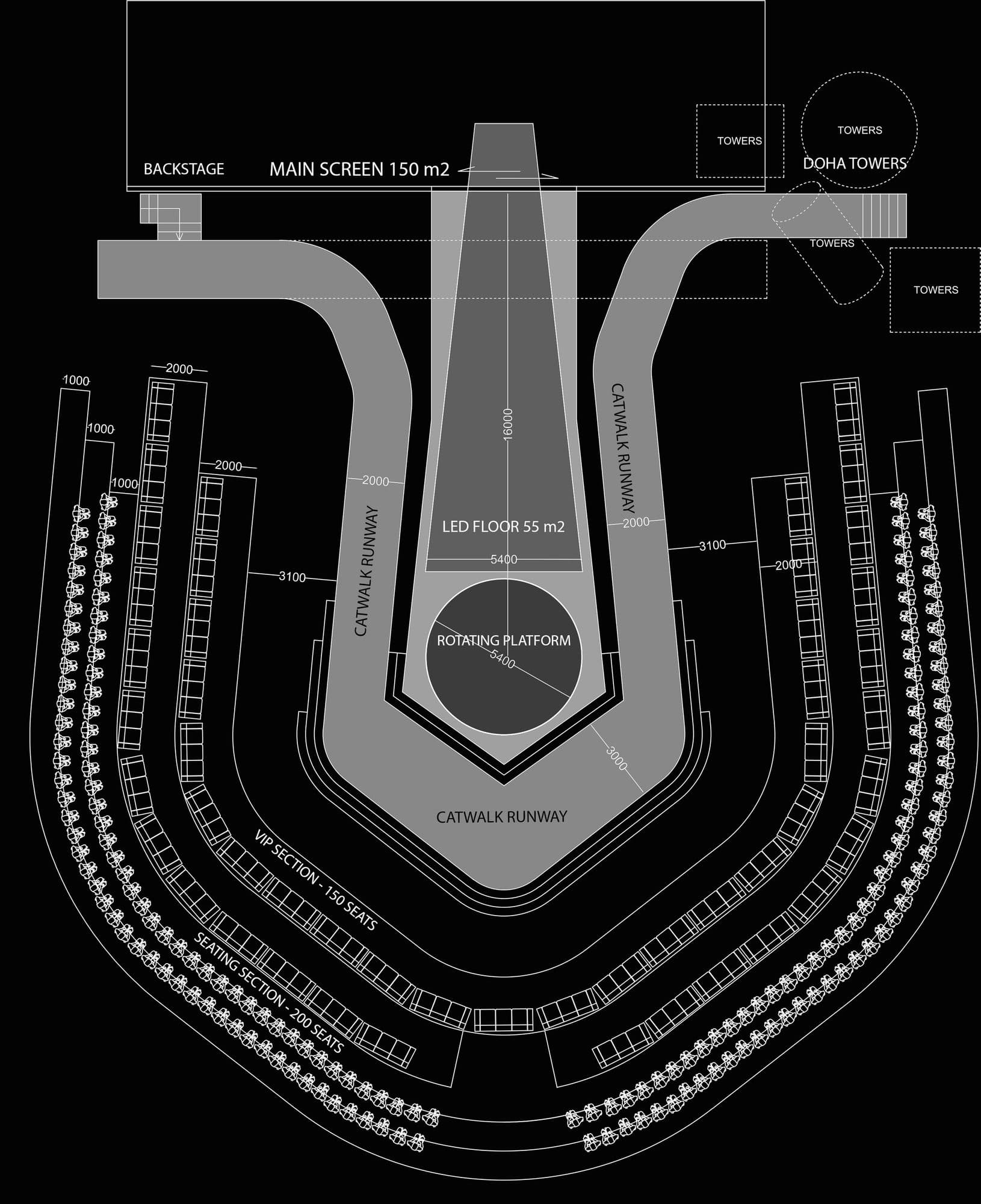 A venue plan with the stage, catwalk and seating