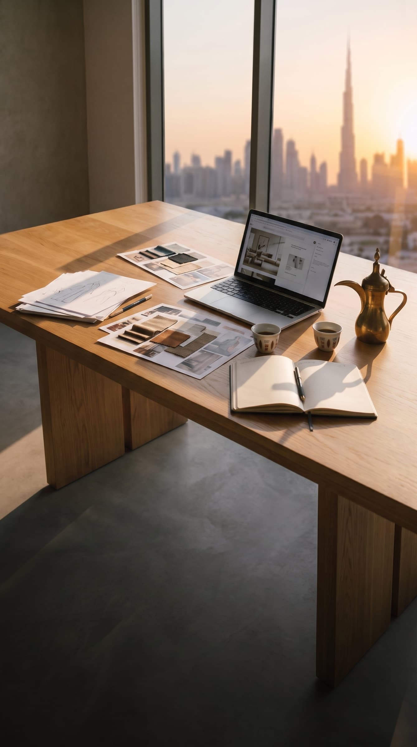 A studio table at golden hour with sketches, a laptop and Arabic coffee
