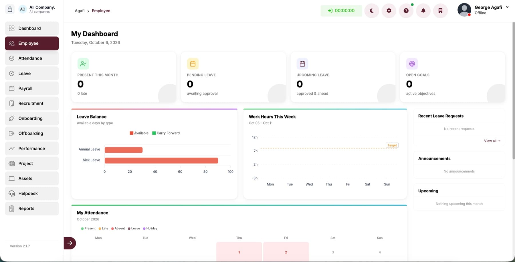 Employee dashboard in the Agafi HR system, with leave balance, work hours and attendance