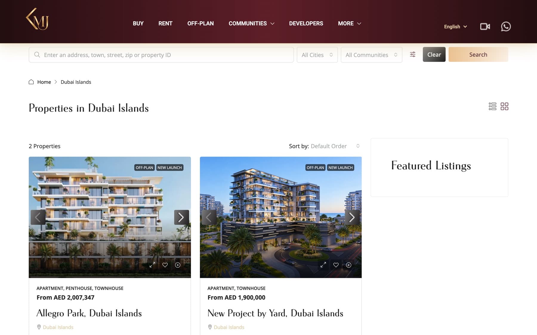 KMJ Properties listings for Dubai Islands